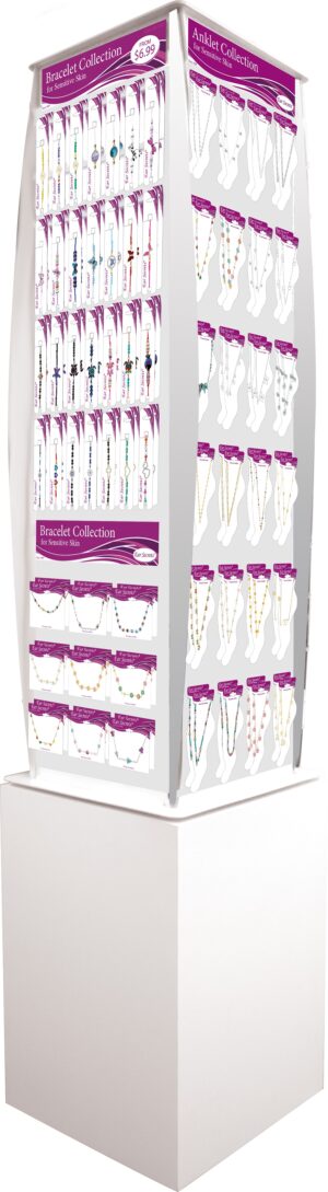 EAR SECRETS ACCESSORIES FLOOR Dimensions: 16" W x 65" H 37 styles of bracelets, 24 styles of anklets, 32 styles of necklaces, 12 styles of brooches, and 12 styles of earring backs 234 pieces of jewelry in total, 2 of each style 180 Day Money Back Guarantee, Stock Rotation, Free Shipping, Free Displays